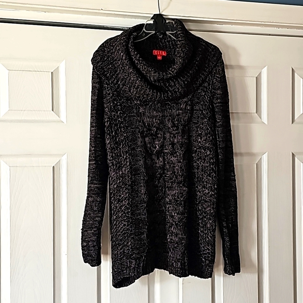 Elle Long Tunic Marbled Grey Cable Knit Cowl Neck Sweater M